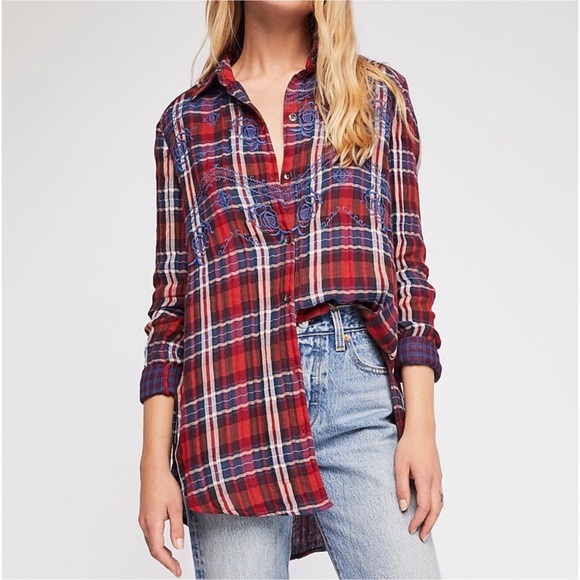 Free People Embroidered Magical Plaid Buttondown Top - Picture 4 of 11